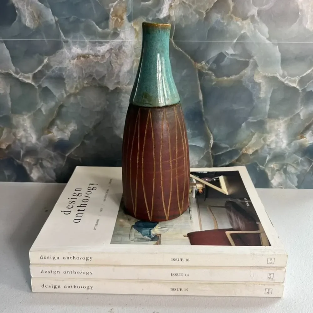 Studio Art Vase Pottery Stoneware Blue Brown Geometric Carved Sullivan Vermont